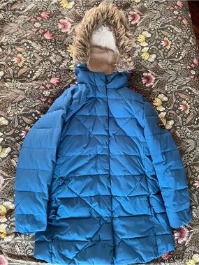 Eddie Bauer Blue Puffer Parka with Faux Fur Trim Hood